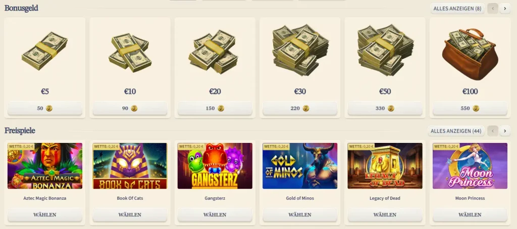 VipLuck Casino Coin Shop mit Bonusgeld Optionen und Freispiele Auswahl für verschiedene Spiele