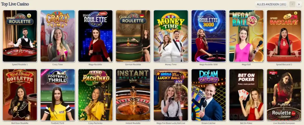 VipLuck Casino Live Casino Spiele mit Roulette Crazy Time Mega Ball und weiteren Live Shows