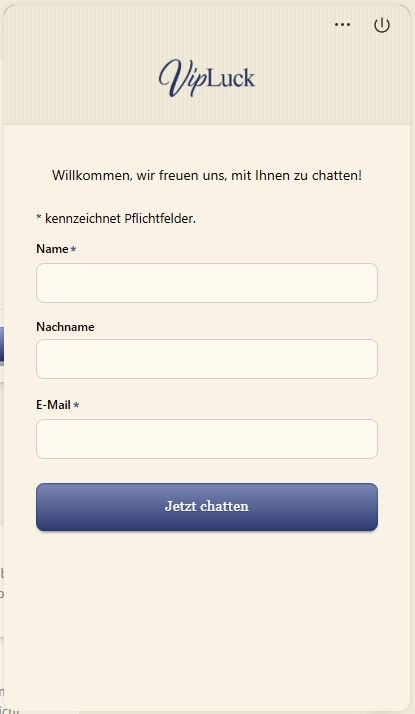VipLuck Casino Live Chat Formular mit Eingabefeldern für Name, Nachname und E-Mail