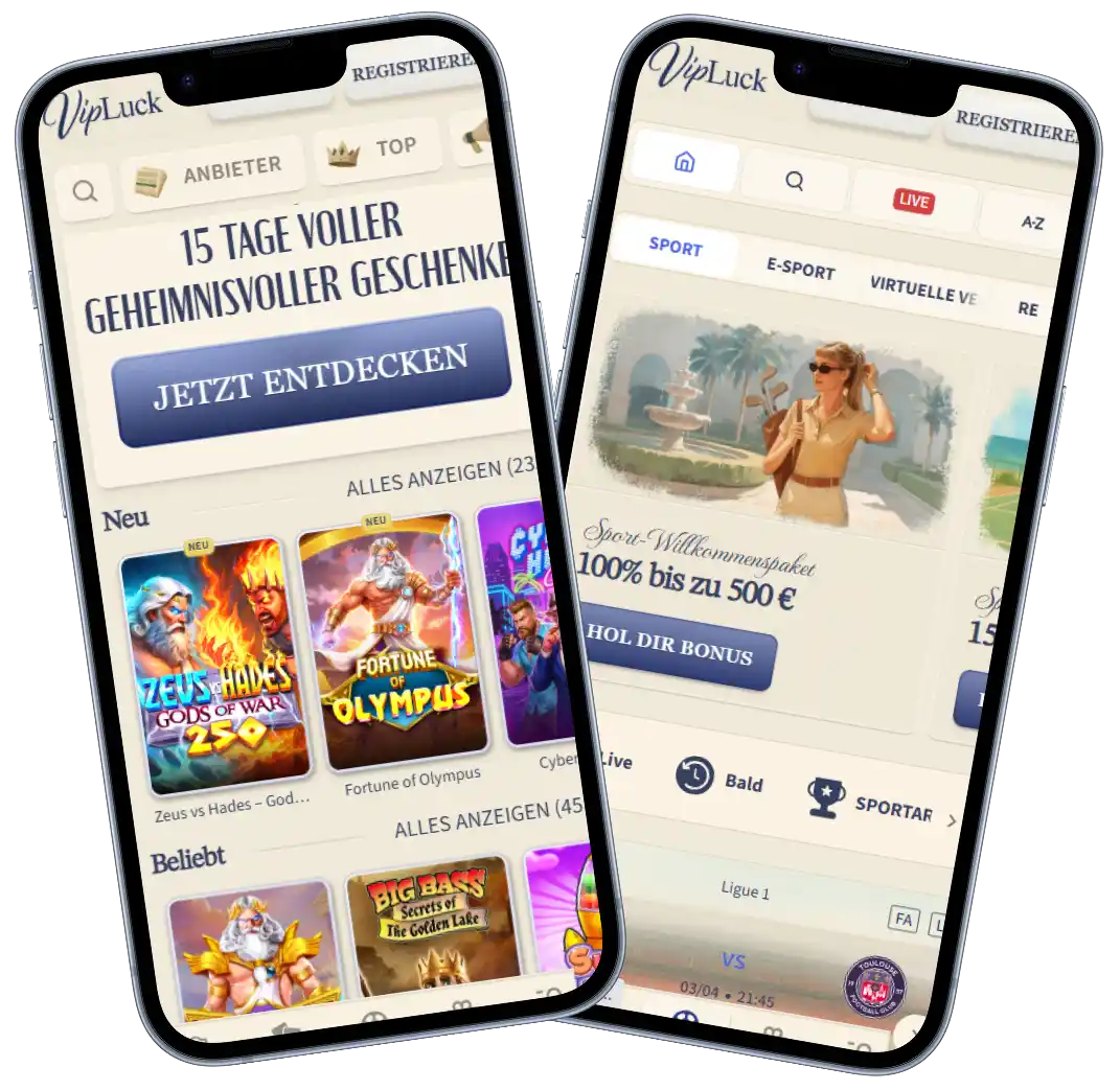 VipLuck Casino mobile Version mit Slots Übersicht Bonus Angeboten und Sportwetten Oberfläche auf dem Smartphone