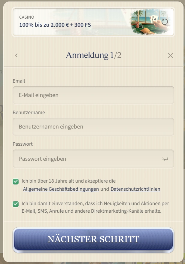 VipLuck Casino Registrierung Formular mit Eingabefeldern für E Mail Benutzername und Passwort