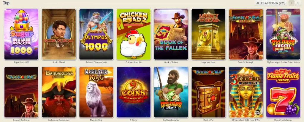 VipLuck Casino Slots Übersicht mit Top Spielen wie Book of Dead Gates of Olympus und Big Bass Bonanza