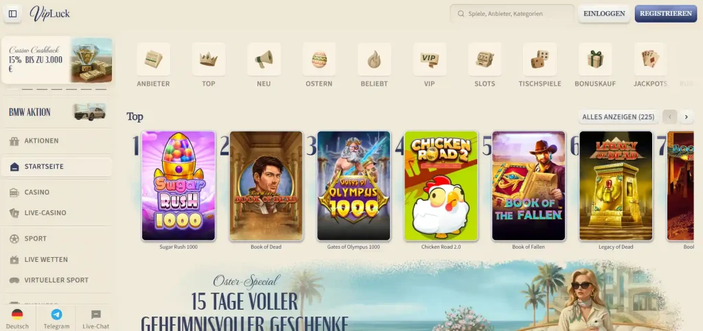 VipLuck Casino Slots Top Liste mit Navigation Kategorien und beliebtesten Spielen im Überblick
