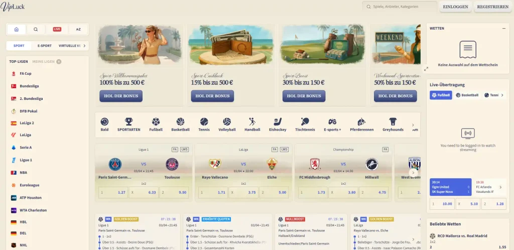 VipLuck Casino Sportwetten Oberfläche mit Live Spielen Quoten und verschiedenen Sportarten Auswahl